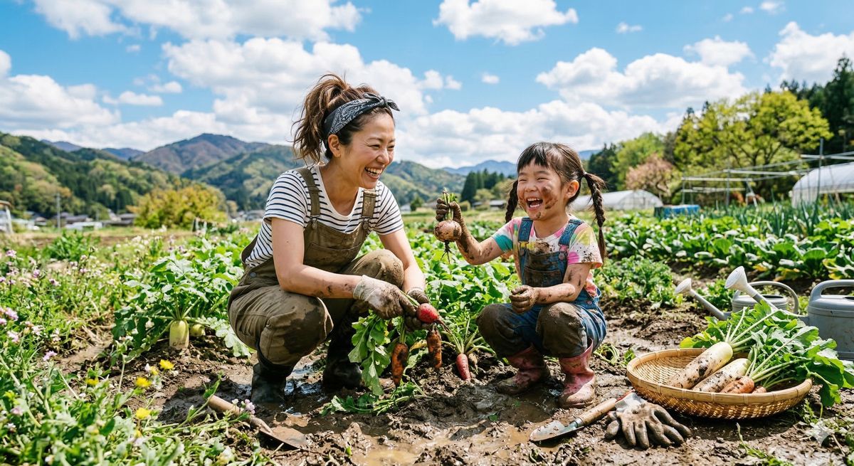 春のポカポカ陽気の中、青空の下で泥んこになりながら笑顔で野菜を収穫している親子の姿