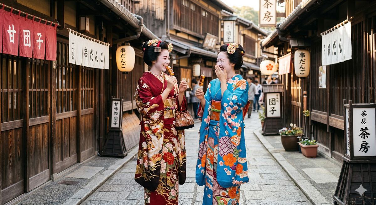 色鮮やかなアンティーク着物を着た女性二人が、古い街並みを背景に串団子を食べて笑い合っている様子