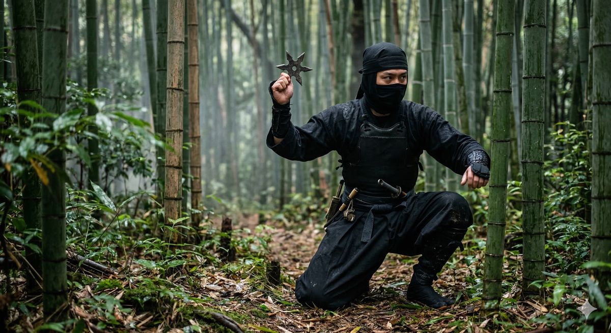本格的な黒の忍者衣装に身を包み、竹林の間で手裏剣を構えるポーズをとっている臨場感のある写真