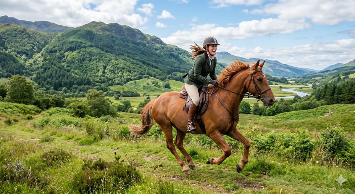 緑豊かな大自然の中、美しい馬に乗って風を切って進む爽快感あふれる乗馬体験の風景