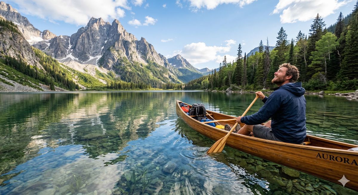 透明度の高い美しい湖で、カヌーを漕ぎながら大自然の絶景を見上げている冒険感あふれる写真