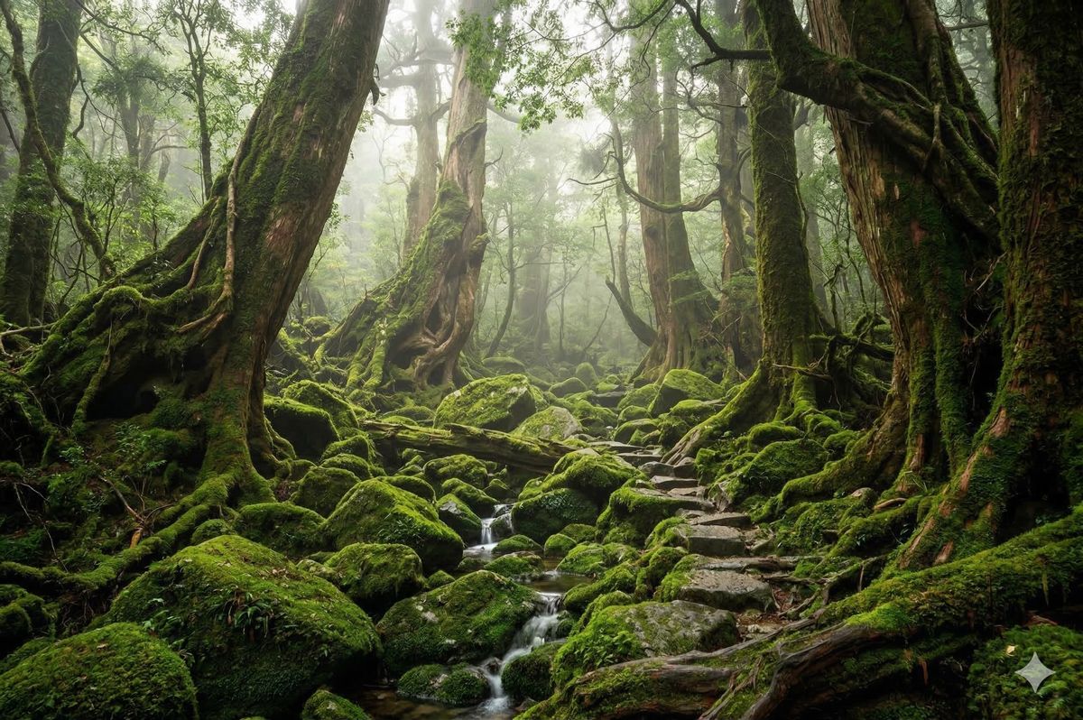 苔むした緑色の岩と太古の杉が立ち並ぶ、屋久島・白谷雲水峡の神秘的な森の風景