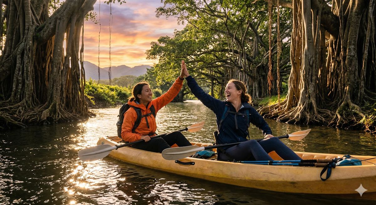 太陽の光が水面に反射する中、巨大なガジュマルの木々の間をカヤックで進む様子