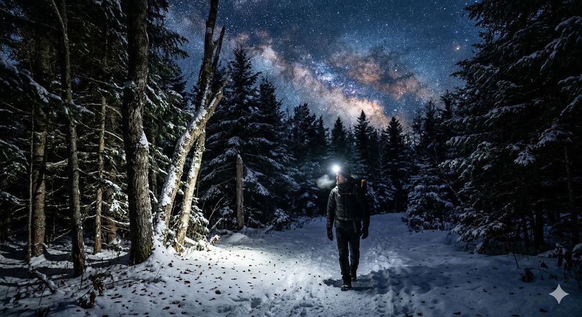 満天の星空の下、ライトの光を頼りに静寂に包まれた北海道の夜の森を探索する様子