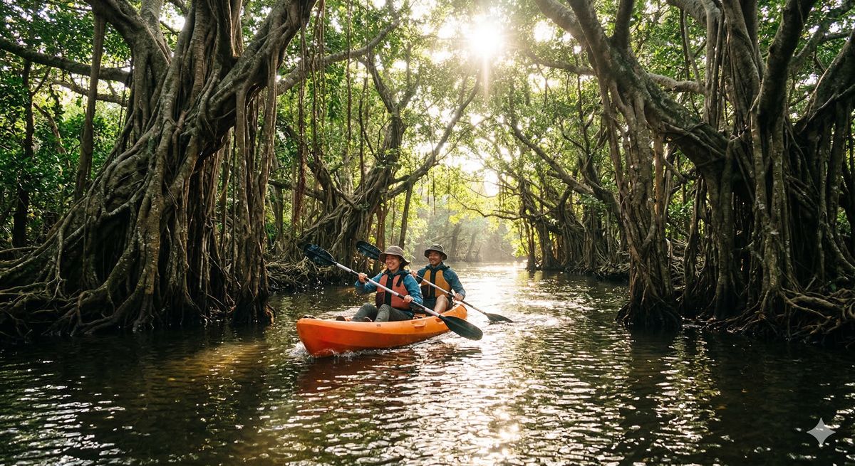 大自然の中で両手を広げ、満面の笑みで深呼吸をしてリフレッシュしている女性の姿