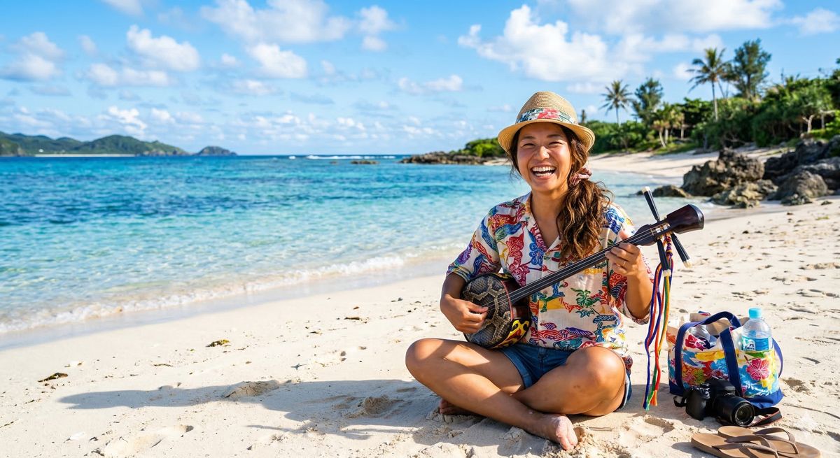 透き通るような沖縄の青い海と白い砂浜を背景に、三線を弾きながら満面の笑みを見せる旅行者の姿