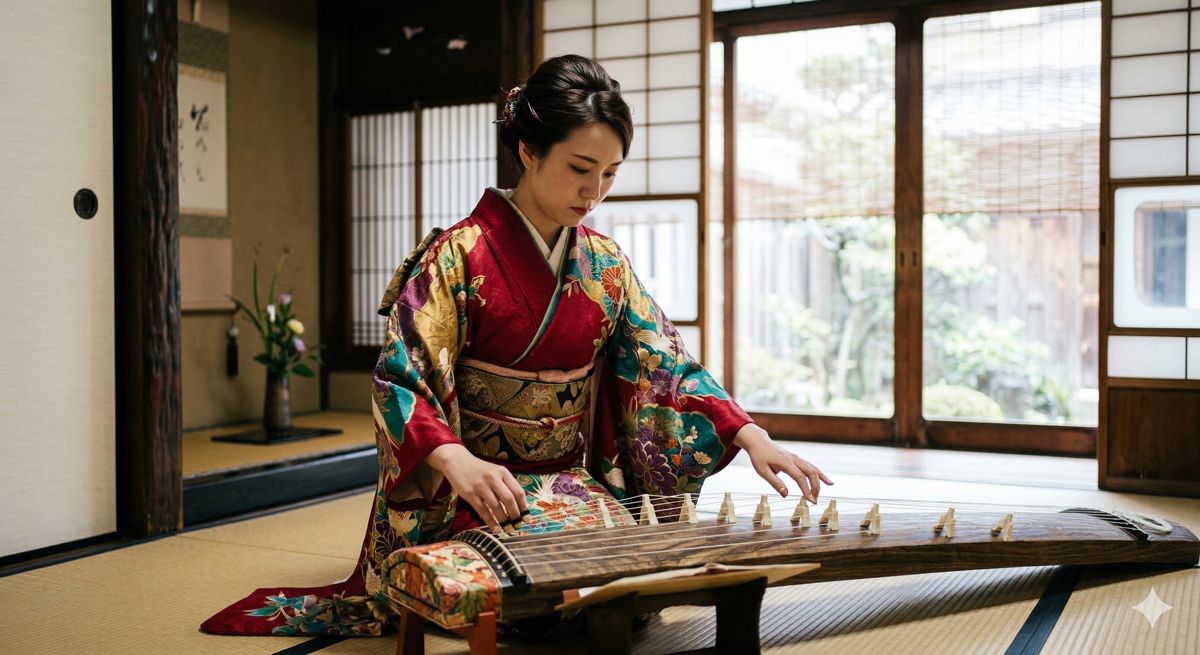 京都の情緒ある伝統的な町家で、真剣な表情でお箏（こと）の弦を弾く色鮮やかな着物姿の女性