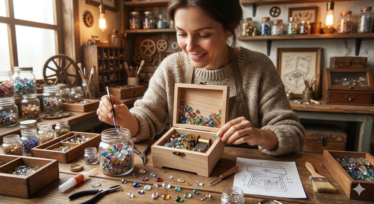 レトロな工房で、キラキラ光るガラスパーツを選びながら自分だけのオリジナルオルゴールを組み立てる様子