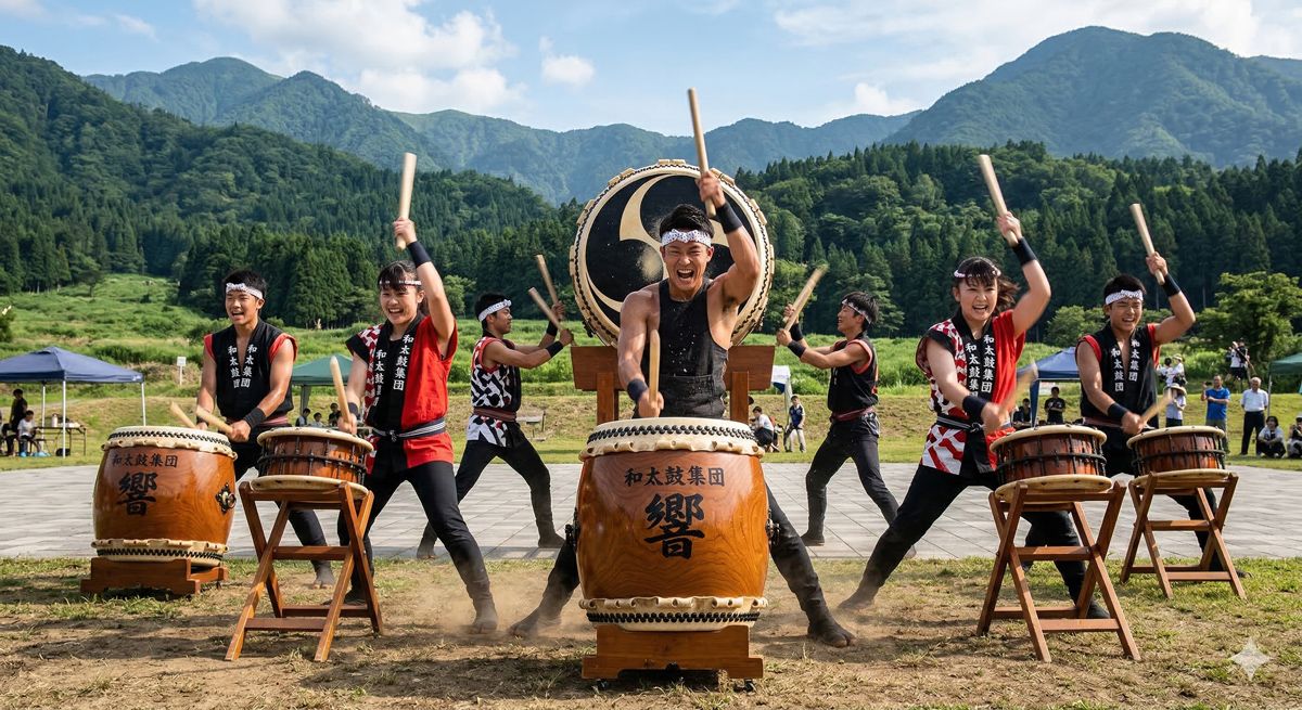 大自然に囲まれた広場で、思い切りバチを振り下ろし、和太鼓を力強く叩いて汗を流すアクティブな若者たち