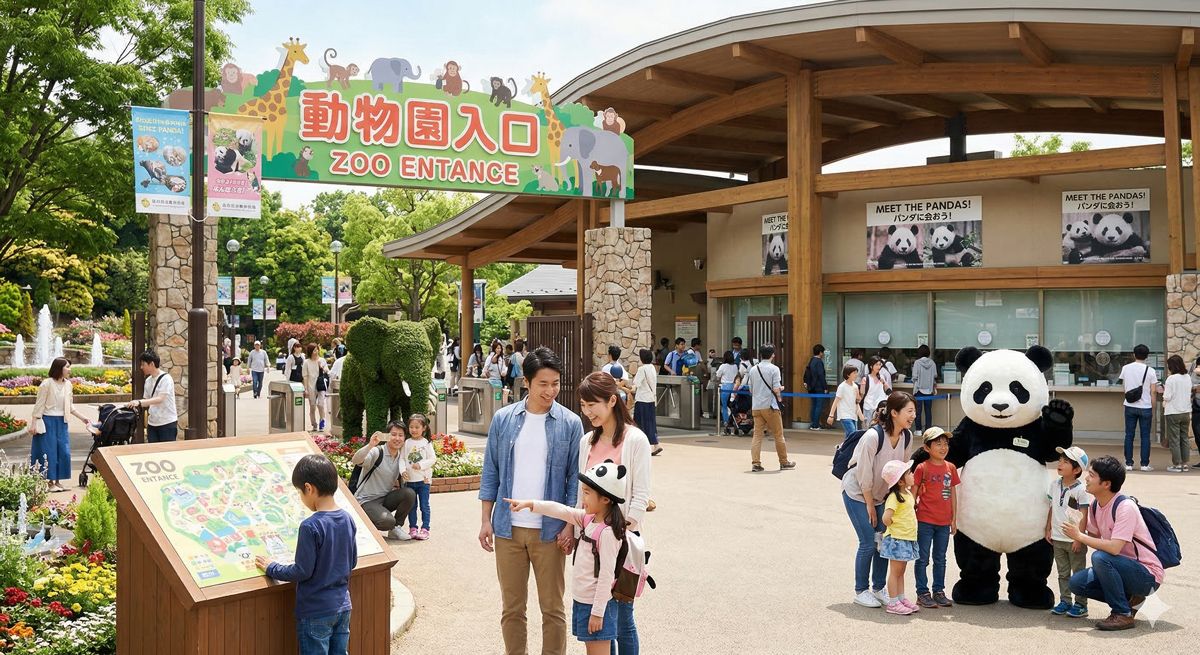 上野動物園のような活気あるエントランスと、楽しそうに過ごす家族連れや可愛いパンダのイメージ