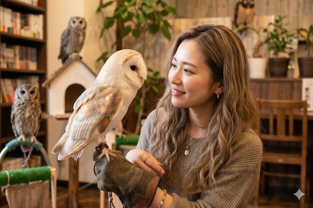 フクロウカフェで、腕に乗せたフクロウと見つめ合いながら自然と優しい笑顔になる女性の様子