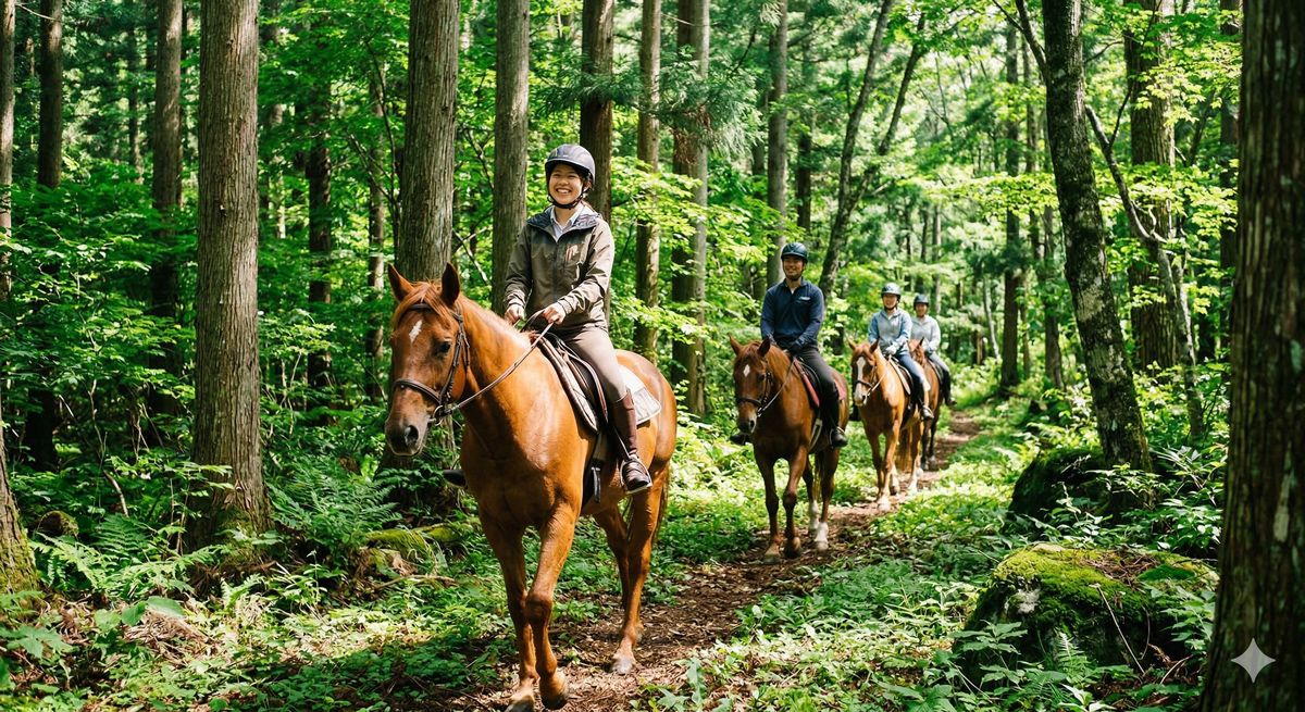 大自然の緑の中、馬に乗って森の木漏れ日を浴びながら散策するホーストレッキングの爽快な風景