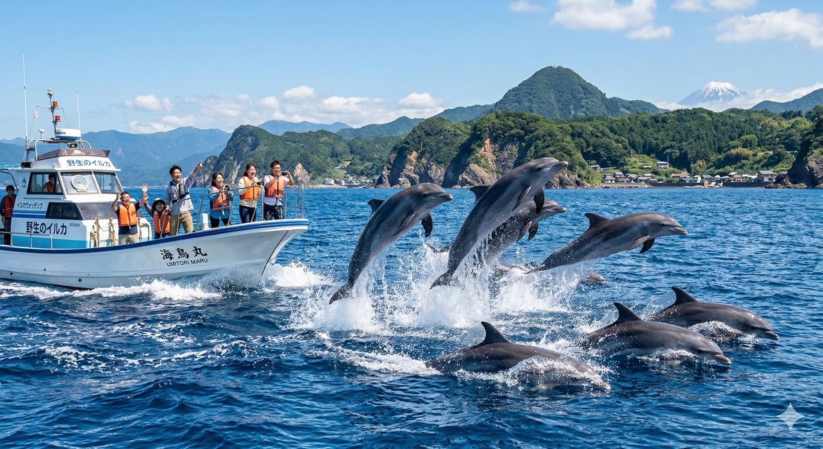 真っ青な海をバックに、船のすぐ近くを泳ぎながらダイナミックにジャンプする野生のイルカの群れ