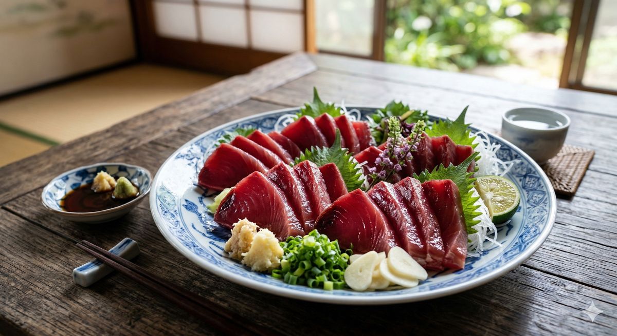 新鮮でツヤツヤなルビー色をした初ガツオの刺身が、大皿に美しく盛り付けられている様子