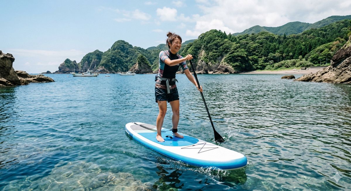 宮崎県日南市の透き通った青い海で、SUPボードの上に立ち笑顔でパドルを漕ぐ女性の姿