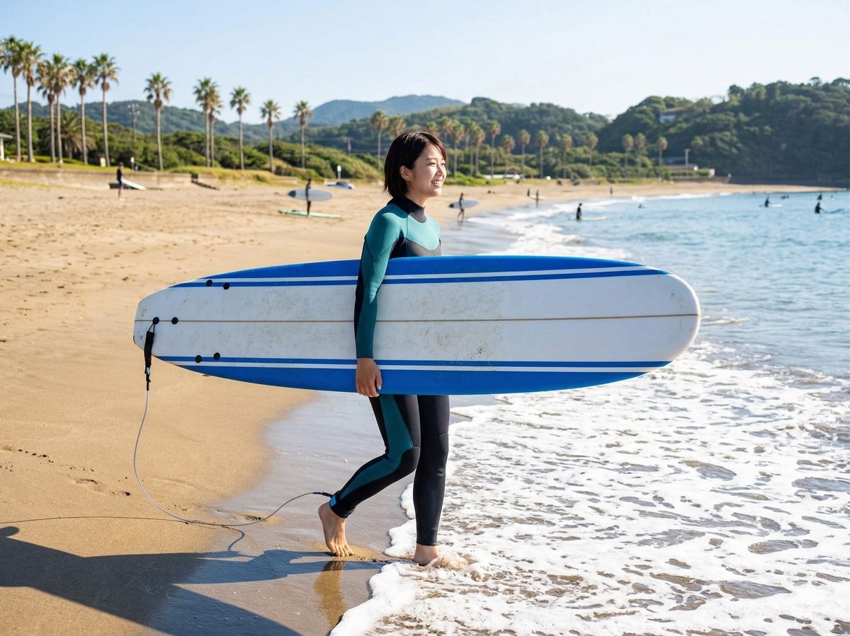 宮崎の美しいビーチで、サーフボードを抱えながら波打ち際を歩くウェットスーツ姿の初心者サーファー