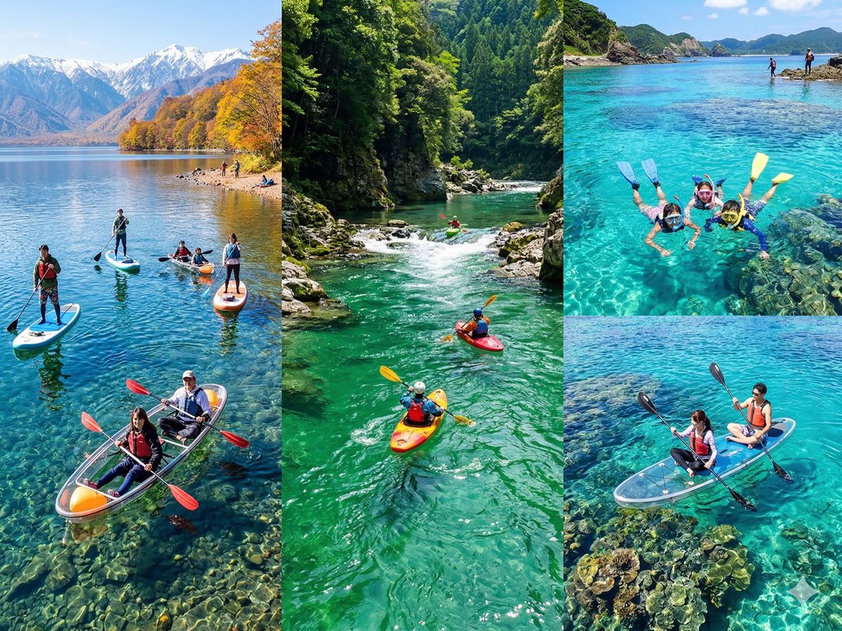 透明度の高い湖や川、海など日本の美しい水辺で楽しむウォーターアクティビティのイメージ