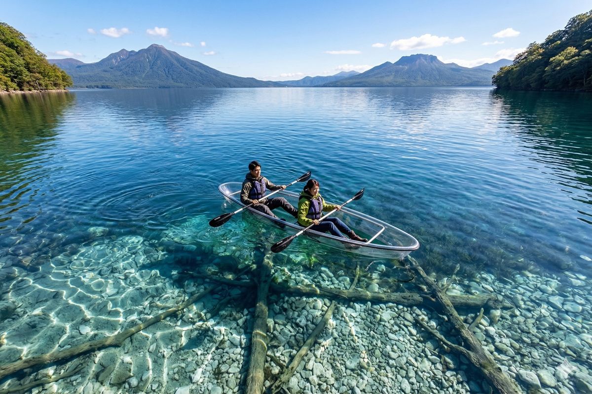 透明度が高すぎる北海道・支笏湖の湖面。透明な底のクリアカヤックに乗って空に浮かんでいるような絶景写真