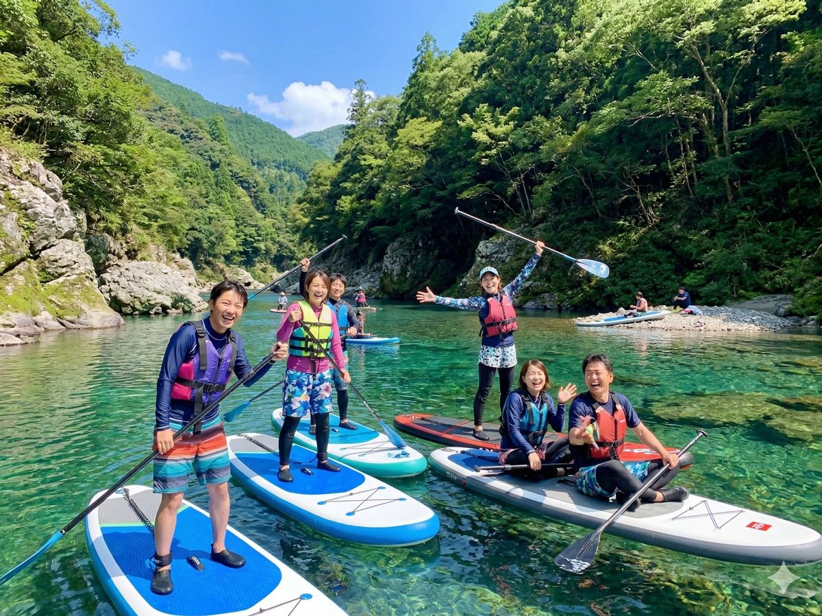エメラルドグリーンとブルーが混ざり合う奇跡の清流、高知県・仁淀川でSUPを楽しむ笑顔の人たちの様子
