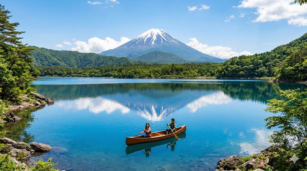 雄大な富士山をバックに、深く澄んだ瑠璃色の本栖湖をのんびりとカヌーで進む大自然のパノラマ風景