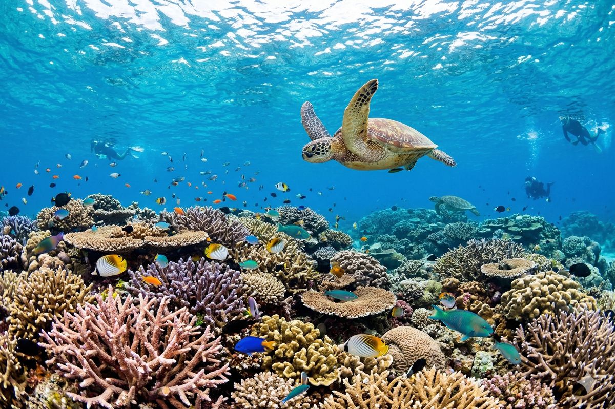 沖縄・宮古島の透き通るような宮古ブルーの海中。色鮮やかなサンゴ礁と優雅に泳ぐ野生のウミガメの姿