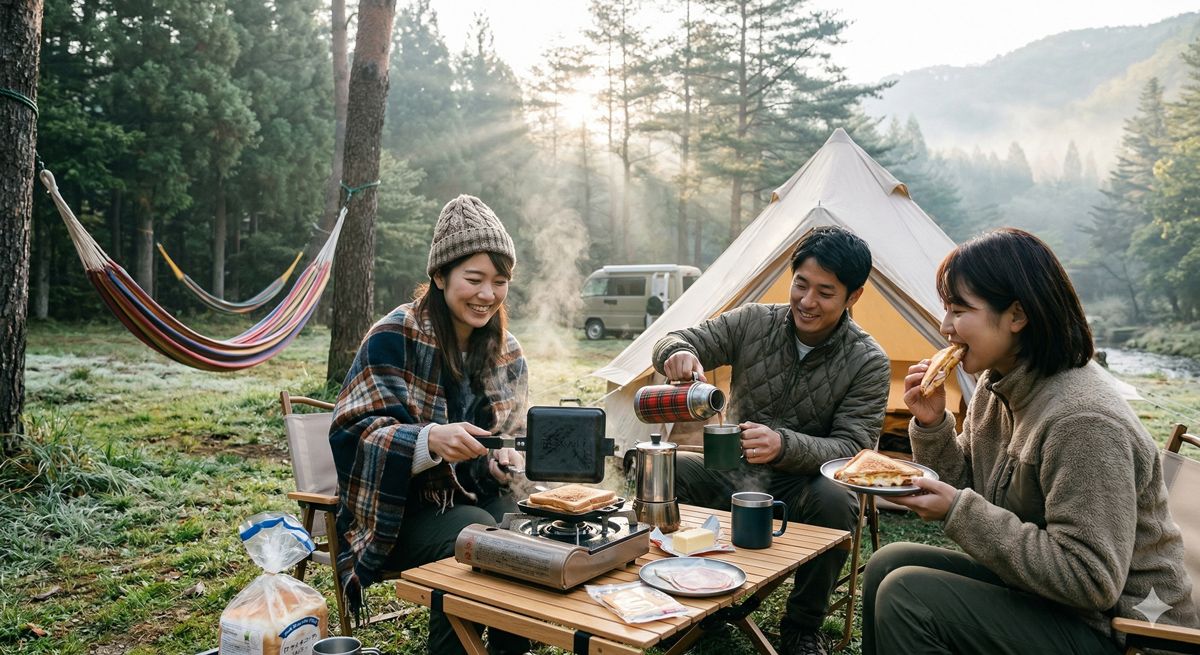 朝の澄んだ空気の中、大自然のキャンプ場でアツアツのホットサンドを作って楽しんでいる風景