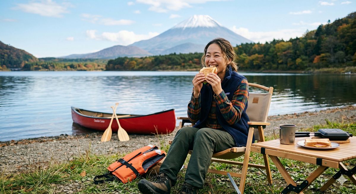 穏やかな湖畔のほとりで、カヌーを降りた後にアウトドアチェアに深く座りながらホットサンドを頬張る笑顔の様子