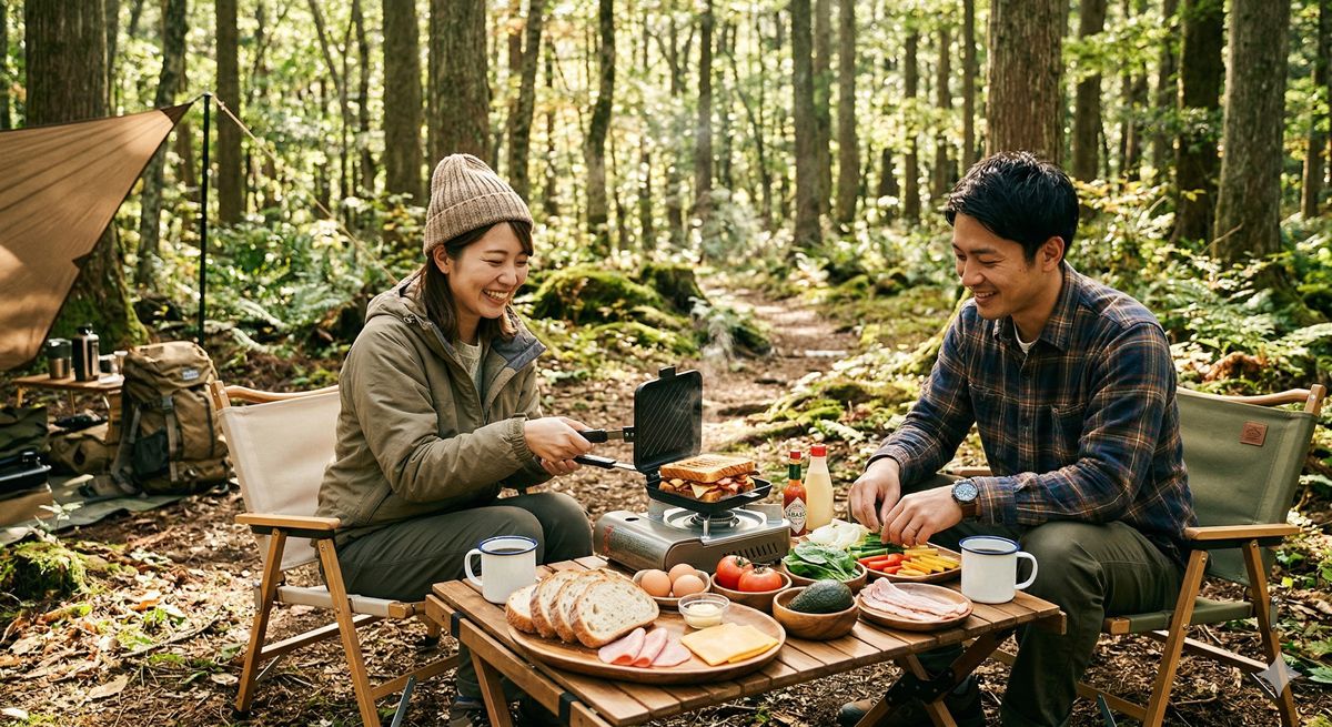 木漏れ日が差し込む森の中、手ぶらデイキャンプで色々な具材を挟んでオリジナルホットサンドを焼いている光景