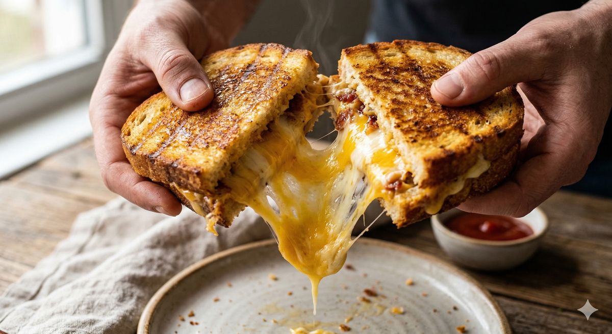 こんがりとキツネ色に焼けたホットサンドを半分に割ると、中からトロトロのチーズが溢れ出しているシズル感のあるアップ画像