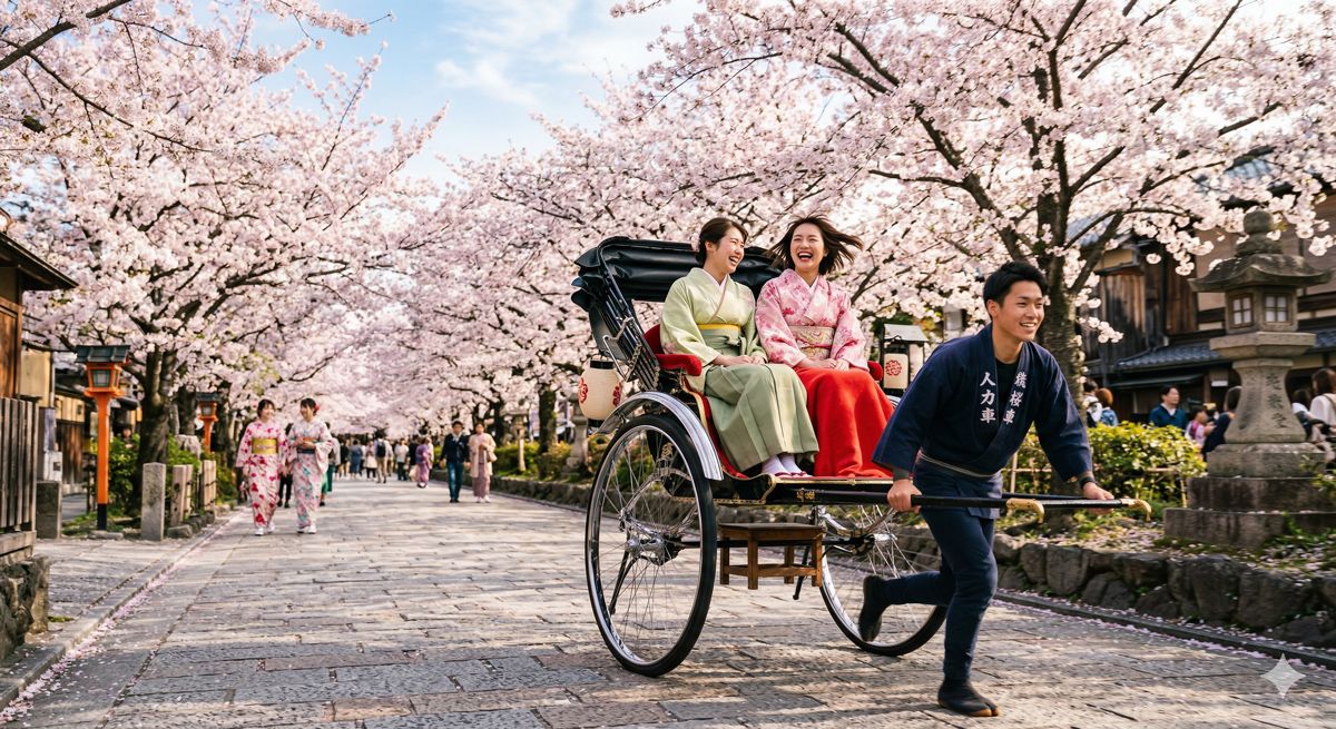春の柔らかな陽射しの中、桜並木を爽快に駆け抜ける黒塗りのスタイリッシュな人力車と笑顔の乗客