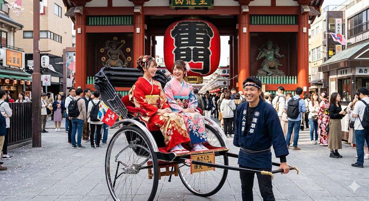 赤い巨大な提灯が目を引く浅草雷門の前で、華やかな着物姿の女性二人が笑顔で乗っている人力車