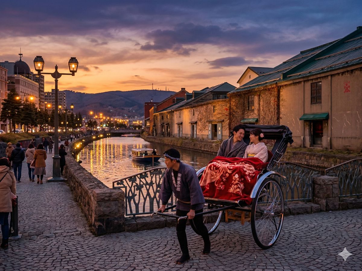 夕暮れ時の小樽運河沿い、ガス燈の温かい光に包まれながらゆったりと進むロマンチックな人力車