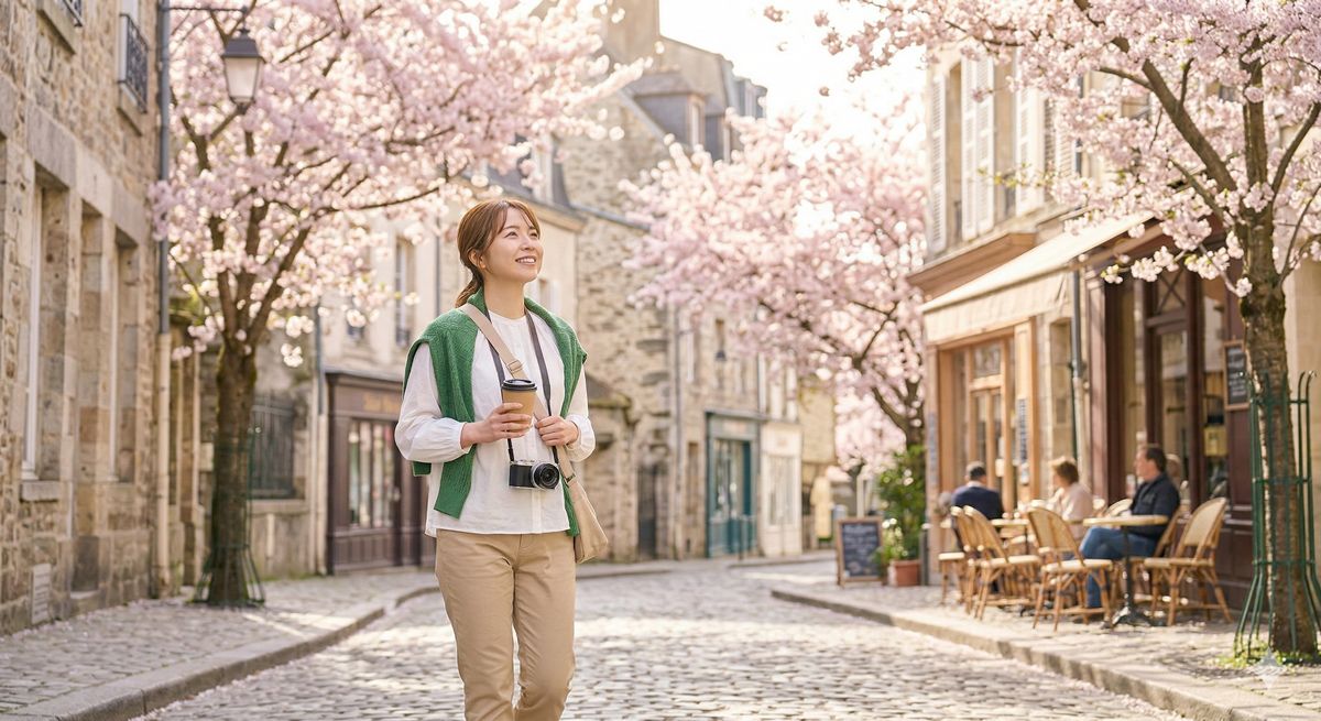 春の陽気の中、気持ちよく街や自然の中を散歩しているイメージ