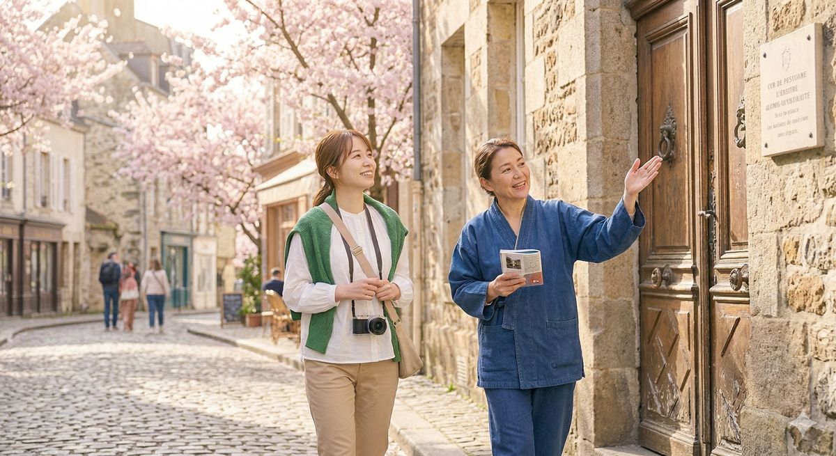 春の柔らかな日差しの下、笑顔でガイドの説明を聞きながら歴史ある古い街並みを散策している様子