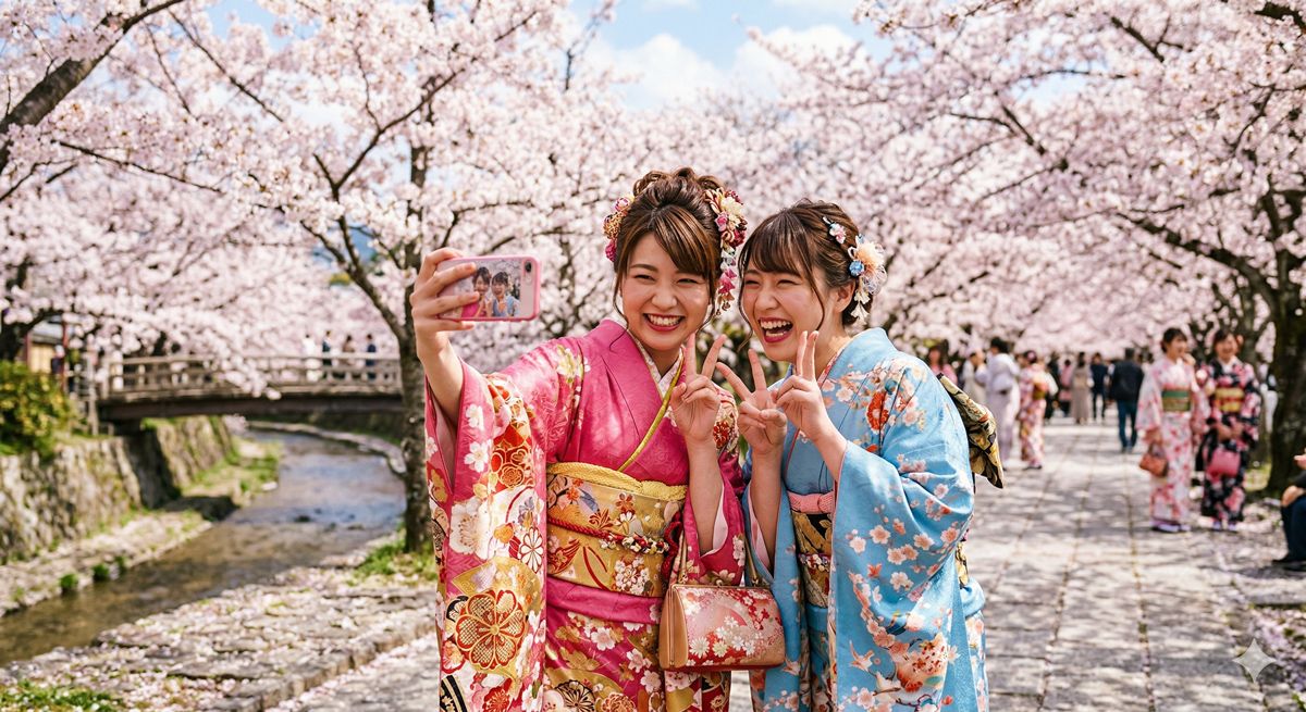 色鮮やかな着物を着た2人の女性が、満開の桜並木を背景に楽しそうに自撮りをしている風景