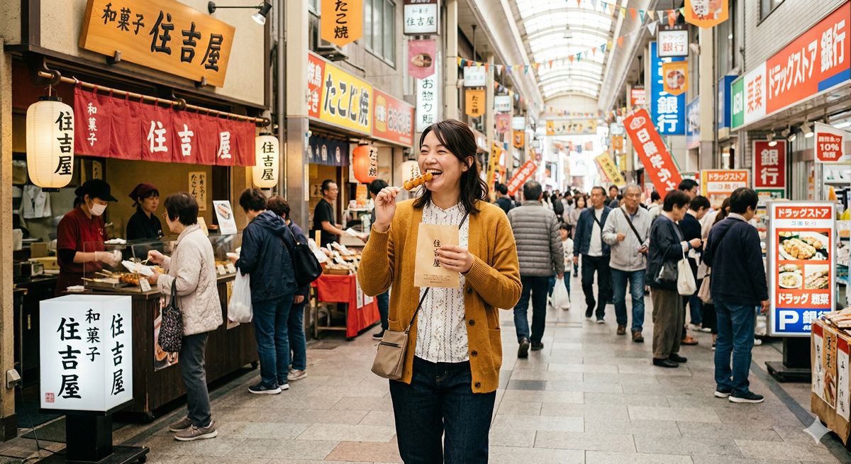 活気ある地元の商店街で、出来立ての美味しいご当地グルメを片手に笑顔で食べ歩きを楽しむ様子