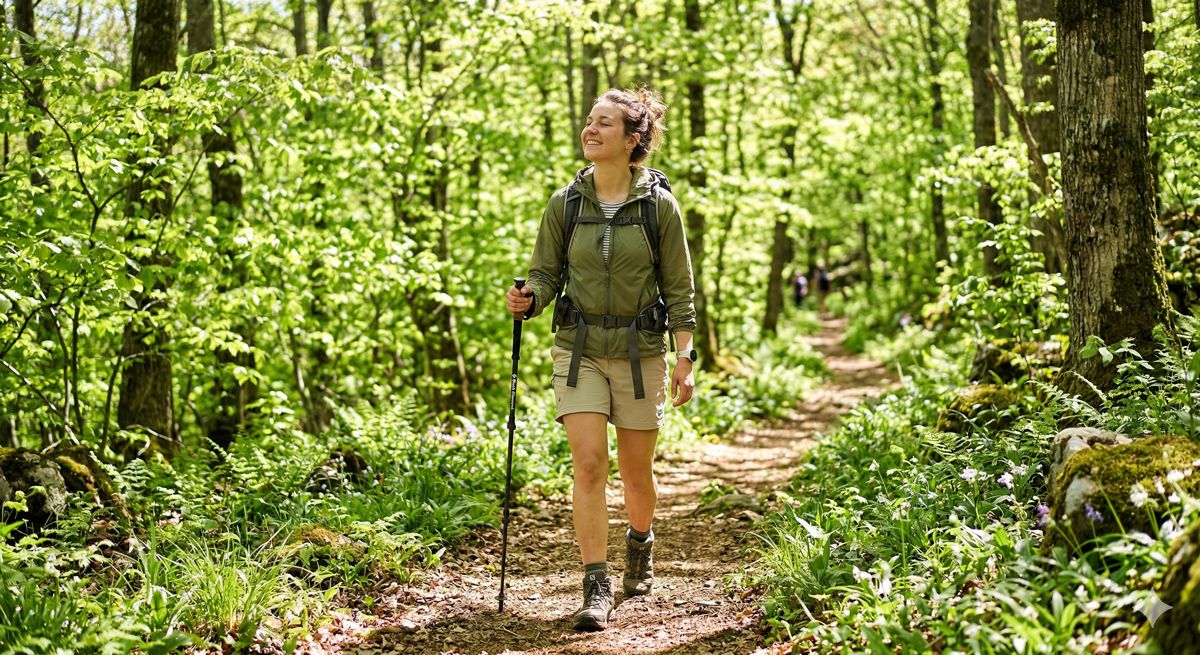 新緑が眩しい森の中の遊歩道を、木漏れ日を浴びながらリラックスした表情でハイキングする姿