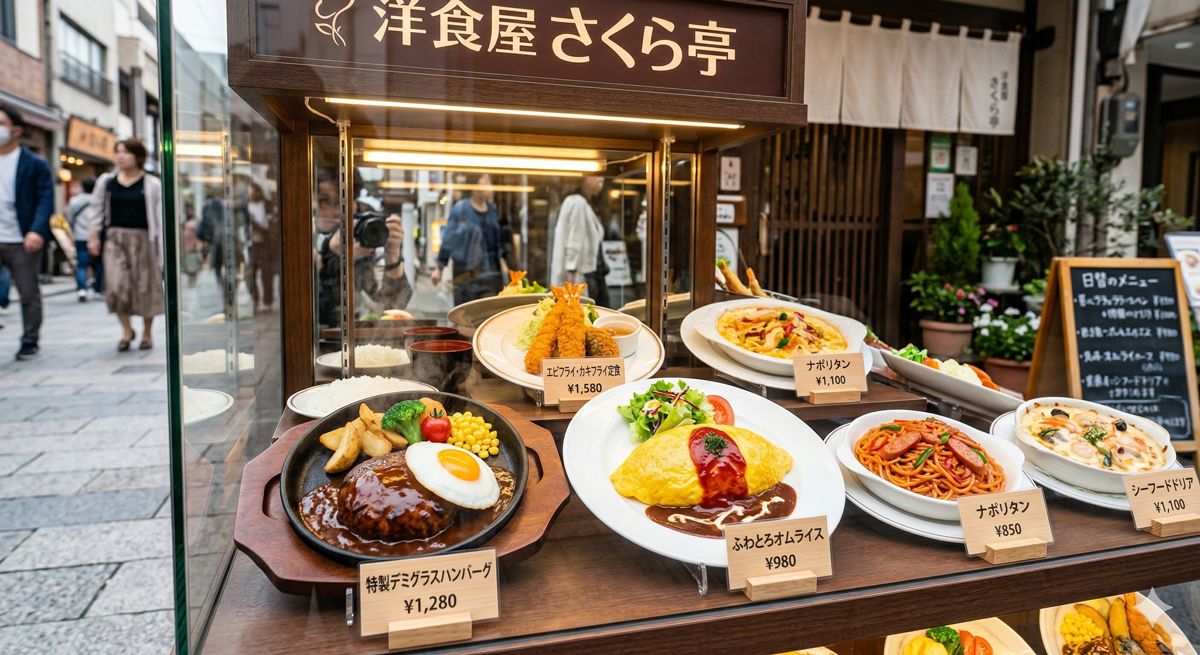 レストランのショーケースに並ぶ、ツヤツヤのハンバーグやオムライスなど美味しそうな食品サンプル