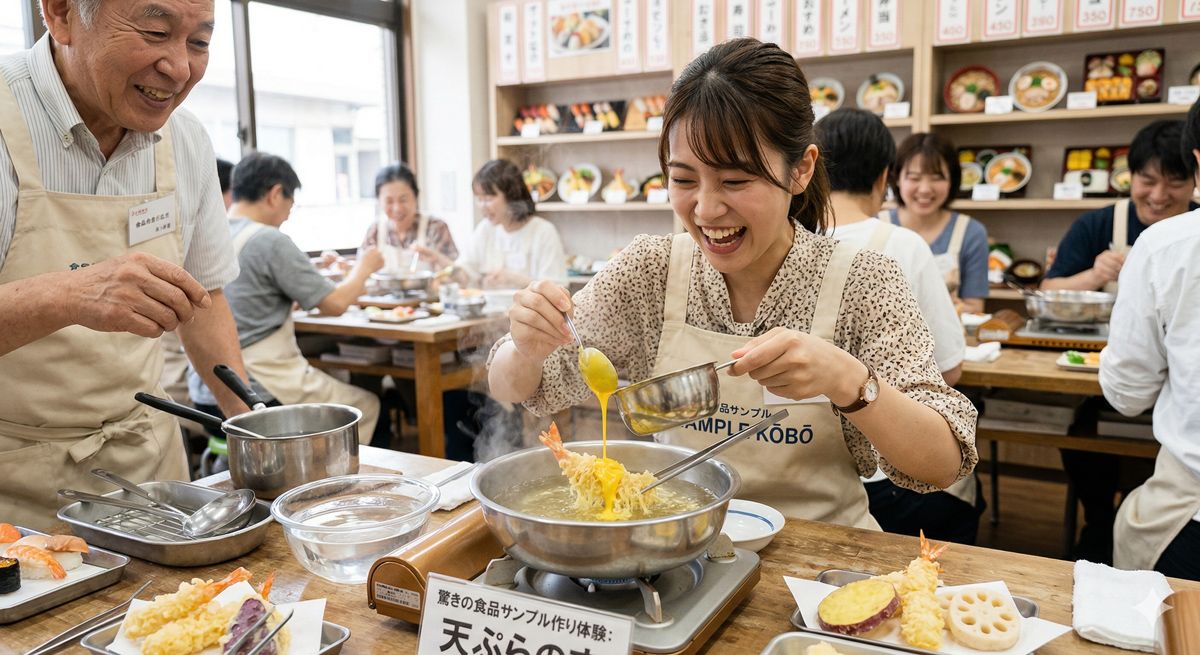 お湯の中に黄色いロウを落としてサクサクの天ぷらの衣を再現している、驚きの食品サンプル作り体験