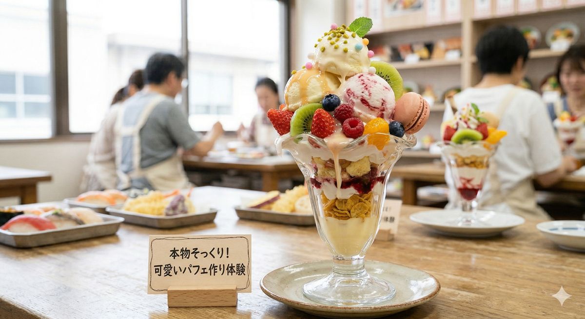 とろ～り溶けたアイスや色鮮やかなフルーツがトッピングされた、本物そっくりで可愛いパフェの食品サンプル