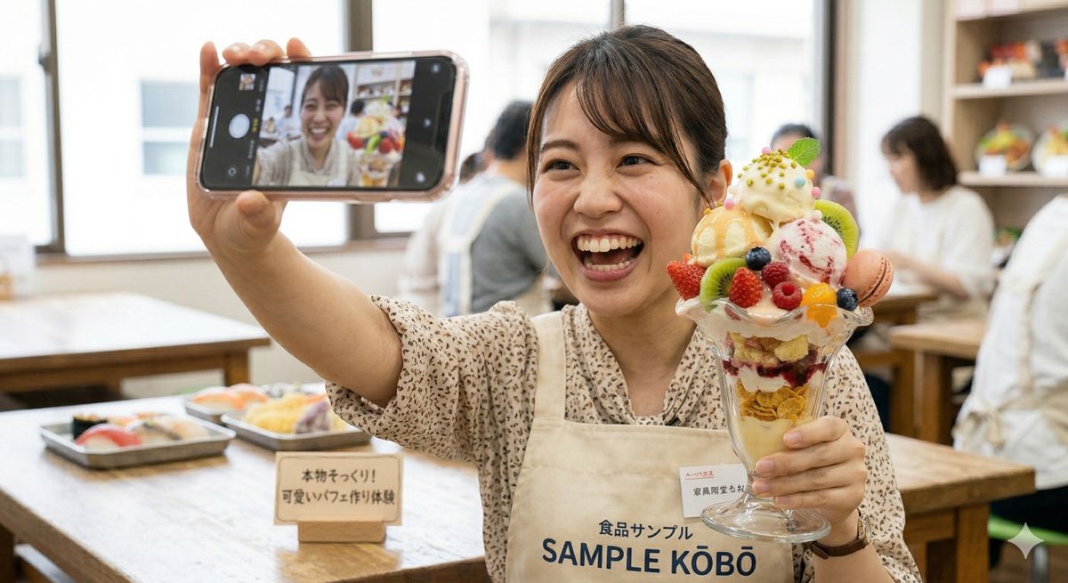 完成した食品サンプルを手に持ち、とびきりの笑顔でスマートフォンのカメラに向かって記念撮影をする様子