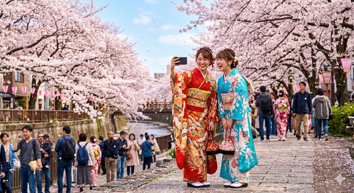 満開の桜の下、色鮮やかな着物を着た女性二人が笑顔で写真を撮っている春爛漫の風景