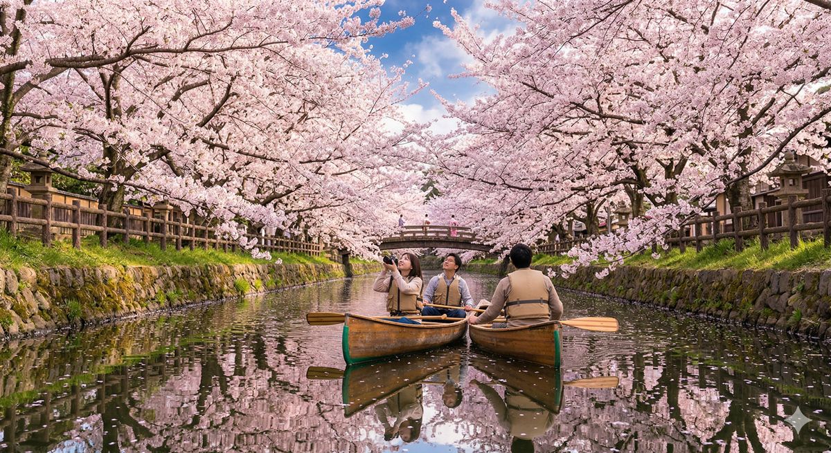 穏やかな川の静かな水面をカヌーで進みながら、両岸に咲き誇る満開の桜のトンネルを見上げる様子