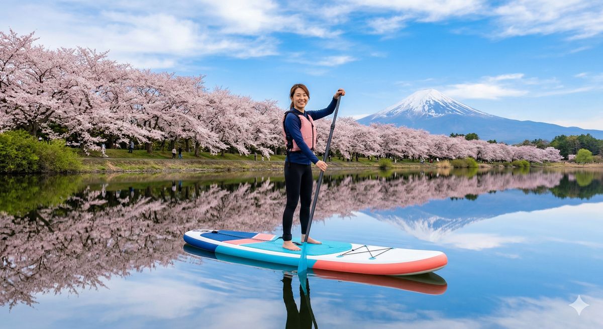 波のない静かな湖畔でSUPボードの上に立ち、水面に映り込む桜と青空を背景にポーズをとる風景