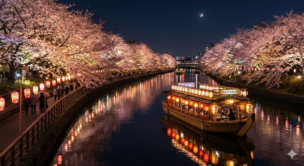 夜桜がライトアップされた川を、提灯の明かりが灯る風情ある屋形船がゆっくりと進んでいく幻想的な光景