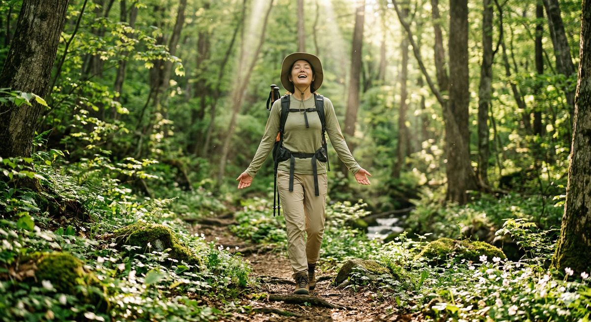 木漏れ日が差し込む緑豊かな森の中を、大きく深呼吸しながらリラックスして歩くトレッキングの様子