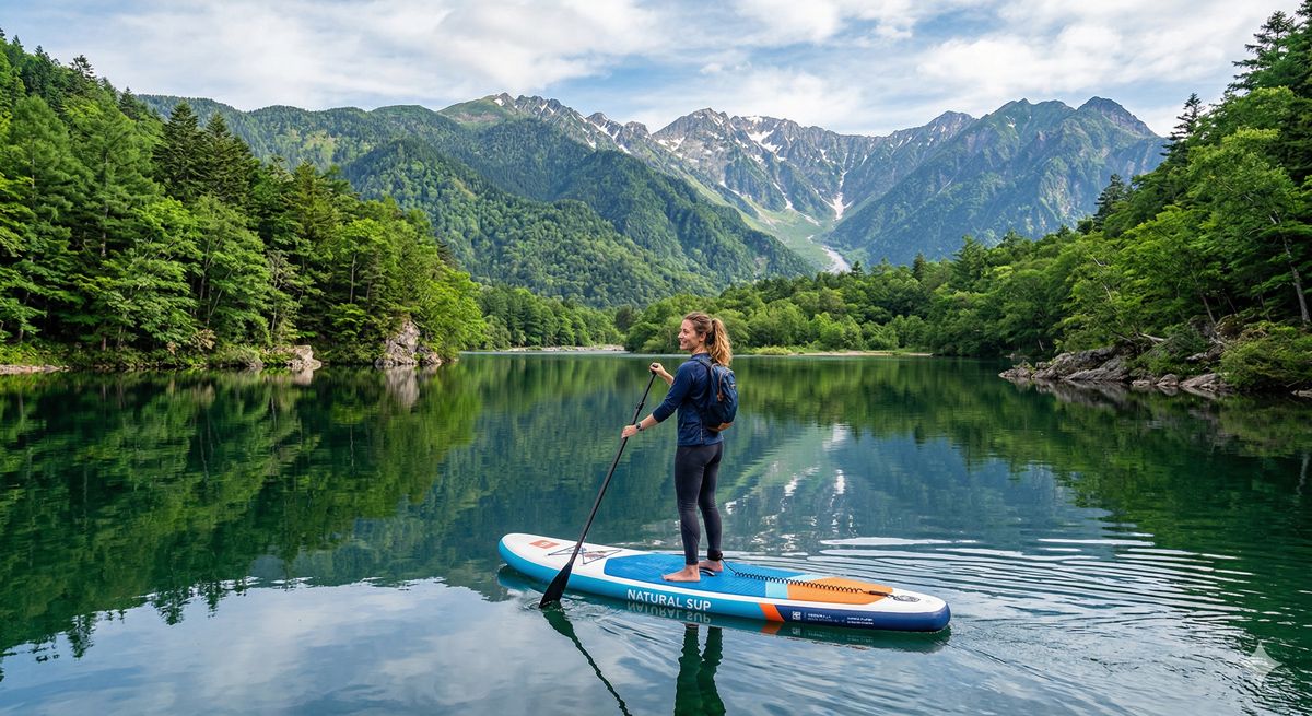 大自然に囲まれた静かな湖畔で、穏やかな水面を滑るように進みながら緑を満喫するSUPの絶景