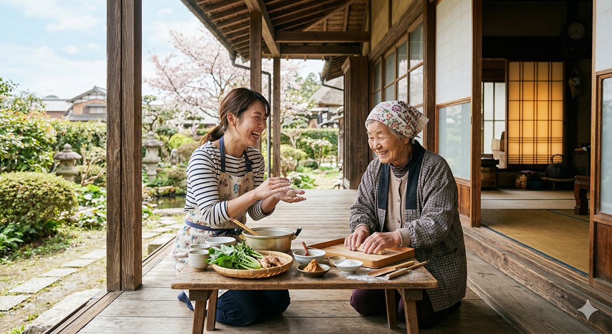 趣のある古民家の縁側で、地元のお母さんと一緒に郷土料理を作りながら笑顔で談笑している温かい情景