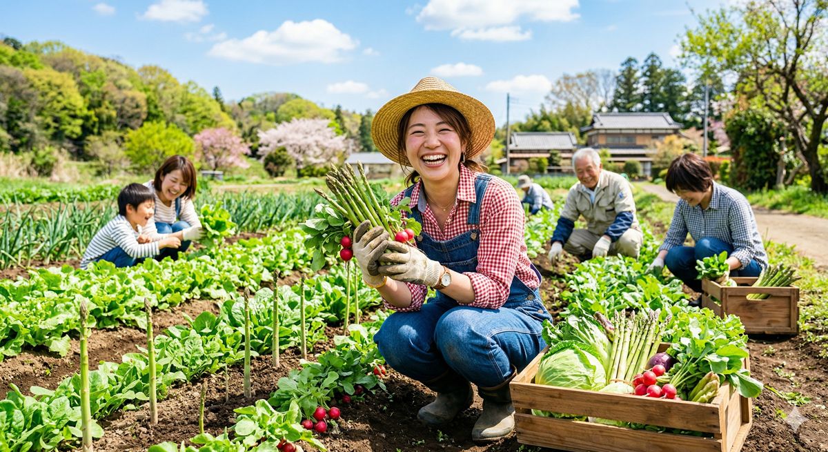 春の陽射しを浴びて青々と茂る畑で、笑顔で新鮮な春野菜を収穫している農業体験の明るい風景