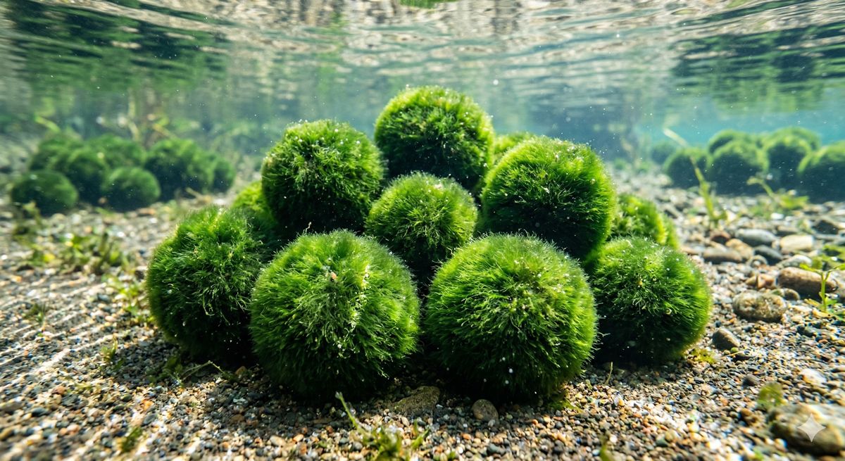 阿寒湖の澄んだ水の中に浮かぶ、美しい真ん丸の緑色をしたマリモの群生アップ写真